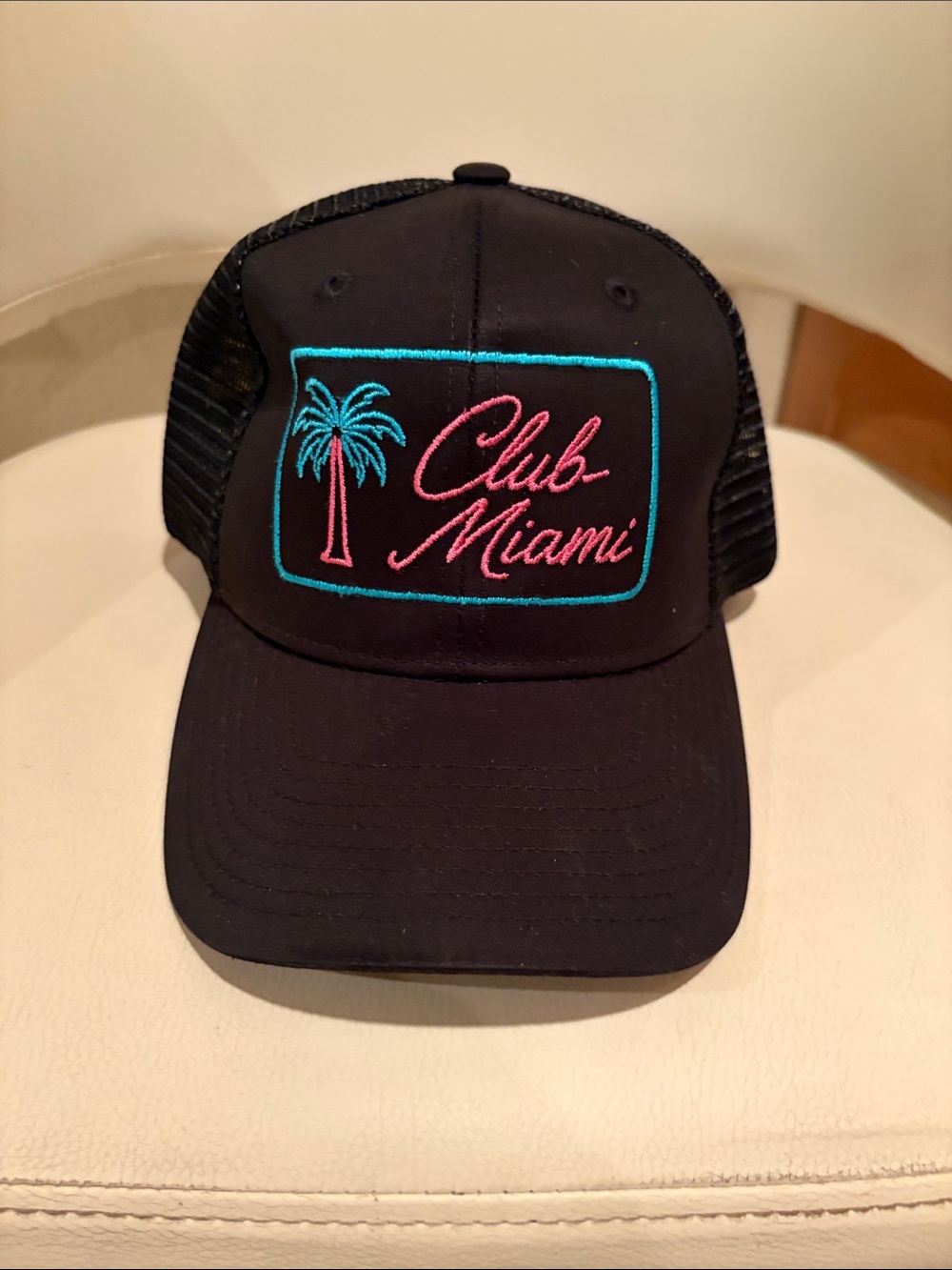 Neiman Marcus Black 'Club Miami' Trucker Hat with Pink and Teal Embroidery